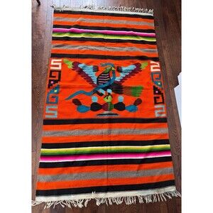 Vintage Mexican Latin American Aztec Mayan Blanket Wool Kilim Rug 4'3 x 6'6